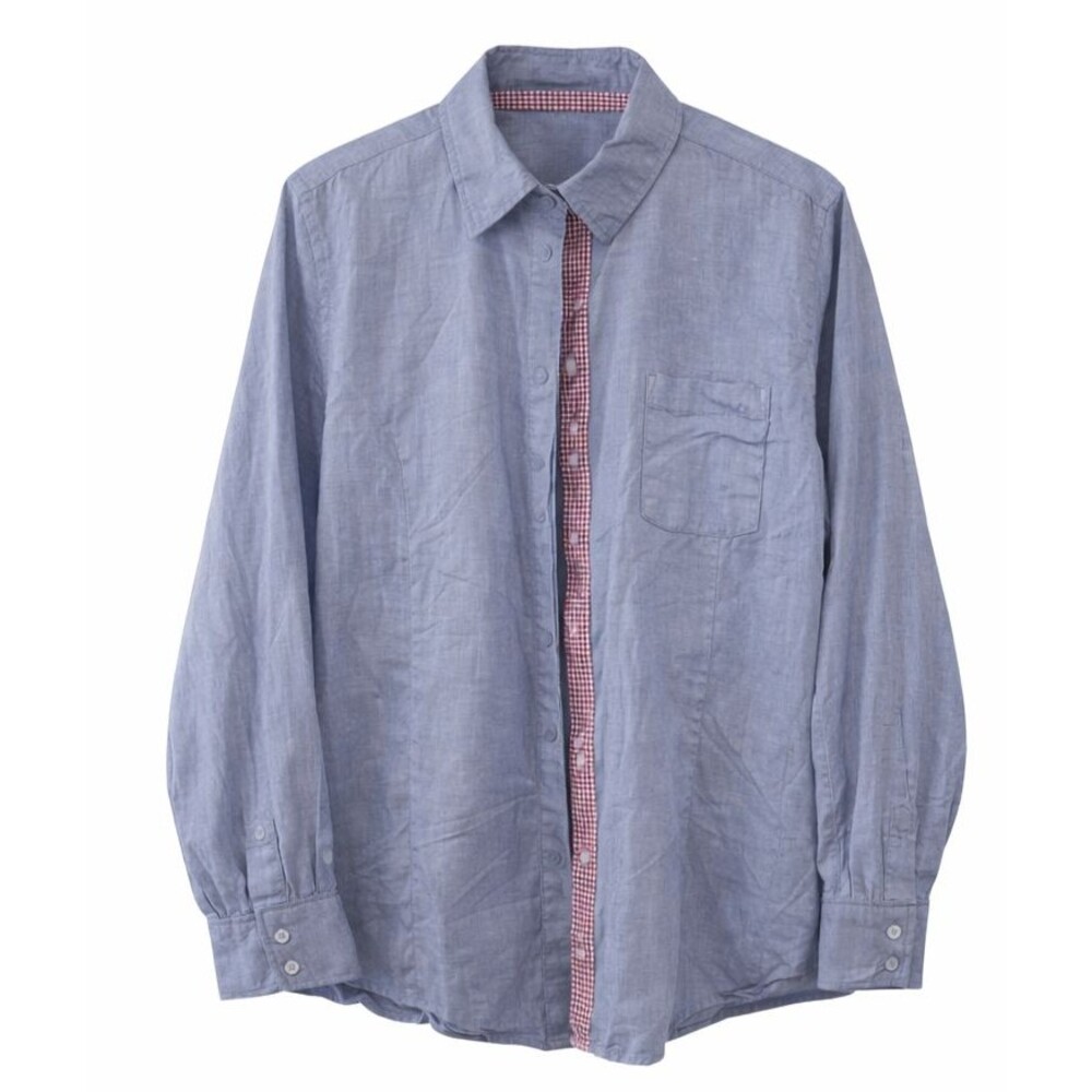 Signature Collection Boyfriend Shirt Womens 1X Blue Chambray w/Gingham Red Trim